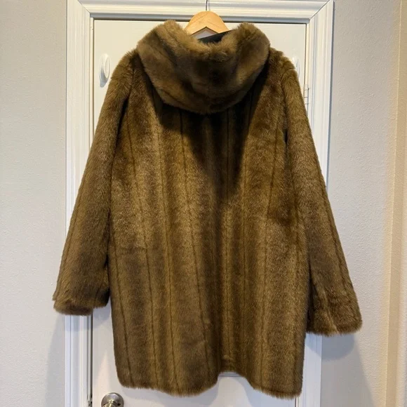 Dennis Basso Reversible Coat Black Brown Faux Suede Faux Fur Hooded Sz Large - Picture 6 of 9